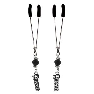 Nipple Clamp - Tweezer - Chrome with Queen Charm & Black Bead