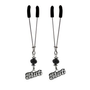 Nipple Clamp - Tweezer - Chrome with Slut Charm & Black Bead