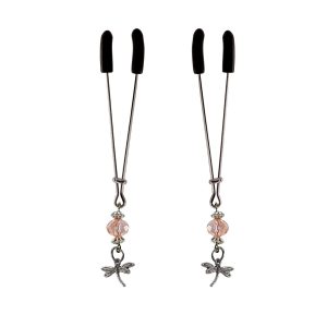 Nipple Clamp - Tweezer - Chrome W/Dragonfly Charms & Pink Beads