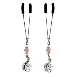 Nipple Clamp - Tweezer - Chrome W/Unicorn Charms & Pink Bead