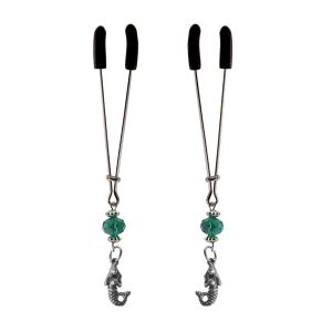 Nipple Clamp - Tweezer - Chrome W/Mermaid Charms & Turquoise Beads