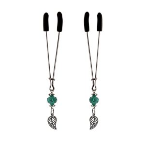 Nipple Clamp - Tweezer - Chrome W/Leaf Charms & Turquoise Beads
