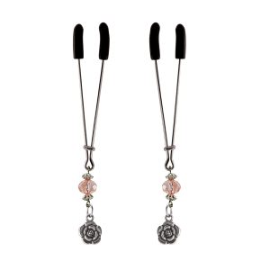 Nipple Clamp - Tweezer - Chrome W/Flower Charms & Pink Beads