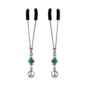 Nipple Clamp - Tweezer - Chrome W/Peace Sign Charms & Turquoise Beads