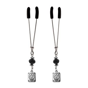 Nipple Clamp - Tweezer - Chrome W/Day of the Dead Charms & Black Beads