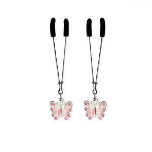 Pink Butterfly Charm on Chrome Tweezer Nipple Clamps includes organza gift storage bag