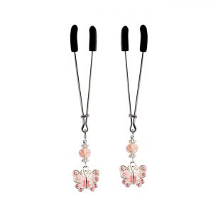 Pink Butterfly Charm on Chrome Tweezer Nipple Clamps With Pink Facted Bead includes organza gift storage bag