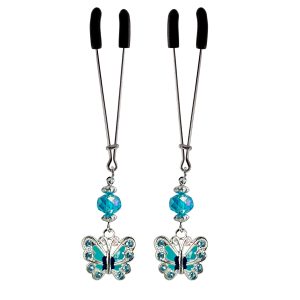 Blue Butterfly Charm on Chrome Tweezer Nipple Clamps with Blue Faceted Bead includes organza gift storage bag