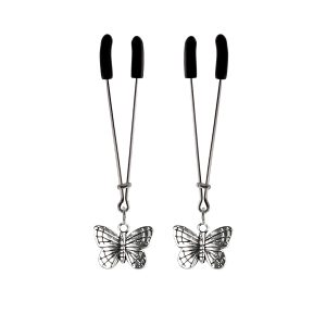 Silver Butterfly Charm on Chrome Tweezer Nipple Clamps includes organza gift storage bag