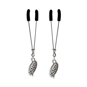 Silver Bitch Charm on Chrome Tweezer Nipple Clamps includes organza gift storage bag