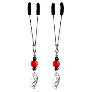 Bitch Charm on Chrome Tweezer Nipple Clamps with Black & Red Beads includes organza gift storage bag