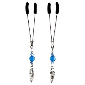 Shell Charm on Chrome Tweezer Nipple Clamps with Blue Faceted Beads includes organza gift storage bag