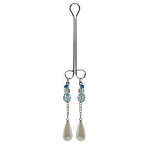 Clit Clamp - Double Loop w/Pearl on Chain & Blue Beads includes organza gift storage bag