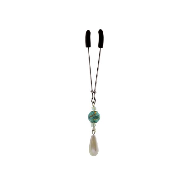 Clit Clamp - Tweezer W/Pearls & Green Beads includes organza gift storage bag