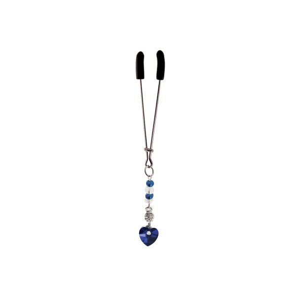 Clit Clamp - Tweezer W/Heart Charm & Blue Beads includes organza gift storage bag