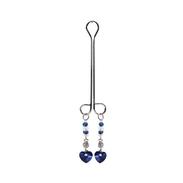 Clit Clamp - Dbl Loop W/Heart Charm & Blue Beads includes organza gift storage bag