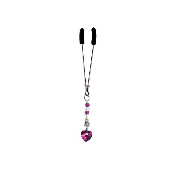 Clit Clamp - Tweezer W/Heart Charm & Red Beads includes organza gift storage bag