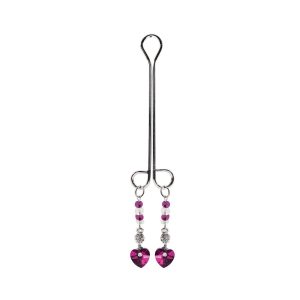 Clit Clamp - Dbl Loop W/Heart Charm & Fuchsia Pink Beads includes organza gift storage bag