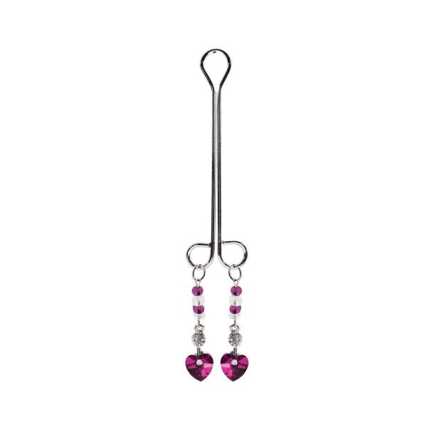 Clit Clamp - Dbl Loop W/Heart Charm & Fuchsia Pink Beads includes organza gift storage bag