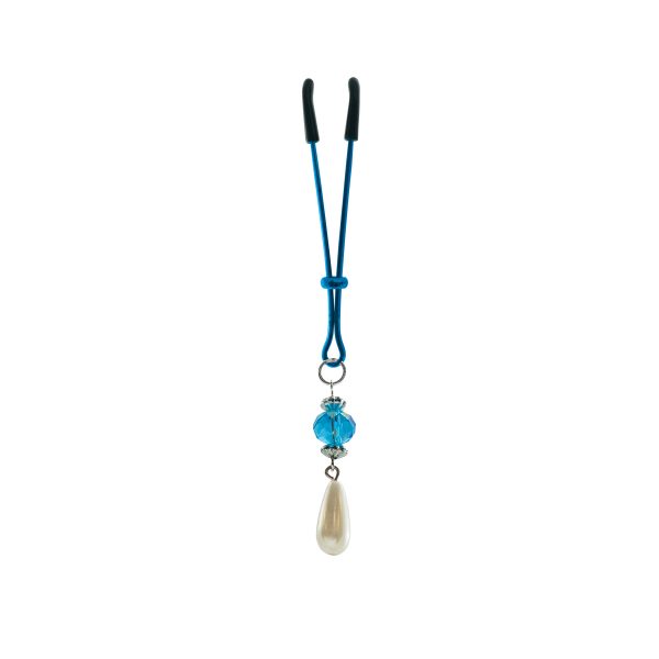 Clit Clamp - Tweezer W/Faceted Beads & Pearl - Blue includes organza gift storage bag
