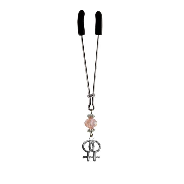 Clit Clamp - Tweezer - Chrome with Double Female Charm & Pink Bead includes organza gift storage bag