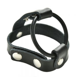 Leather-Like Cock & Ball Strap with Rubber Penis Ring - Black