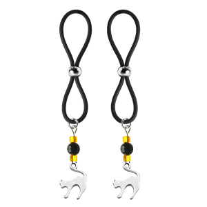 Nipple Lasso with Silver Scardy Cat on Black Silicone Loop